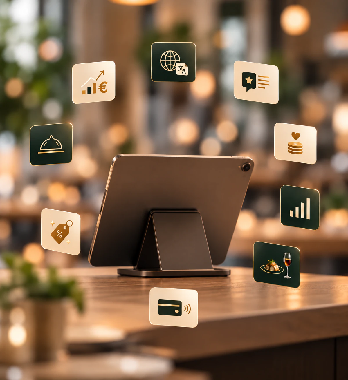A tablet on a restaurant table surrounded by Depnos features: payments, analytics, translation, reviews, pairings and promotions