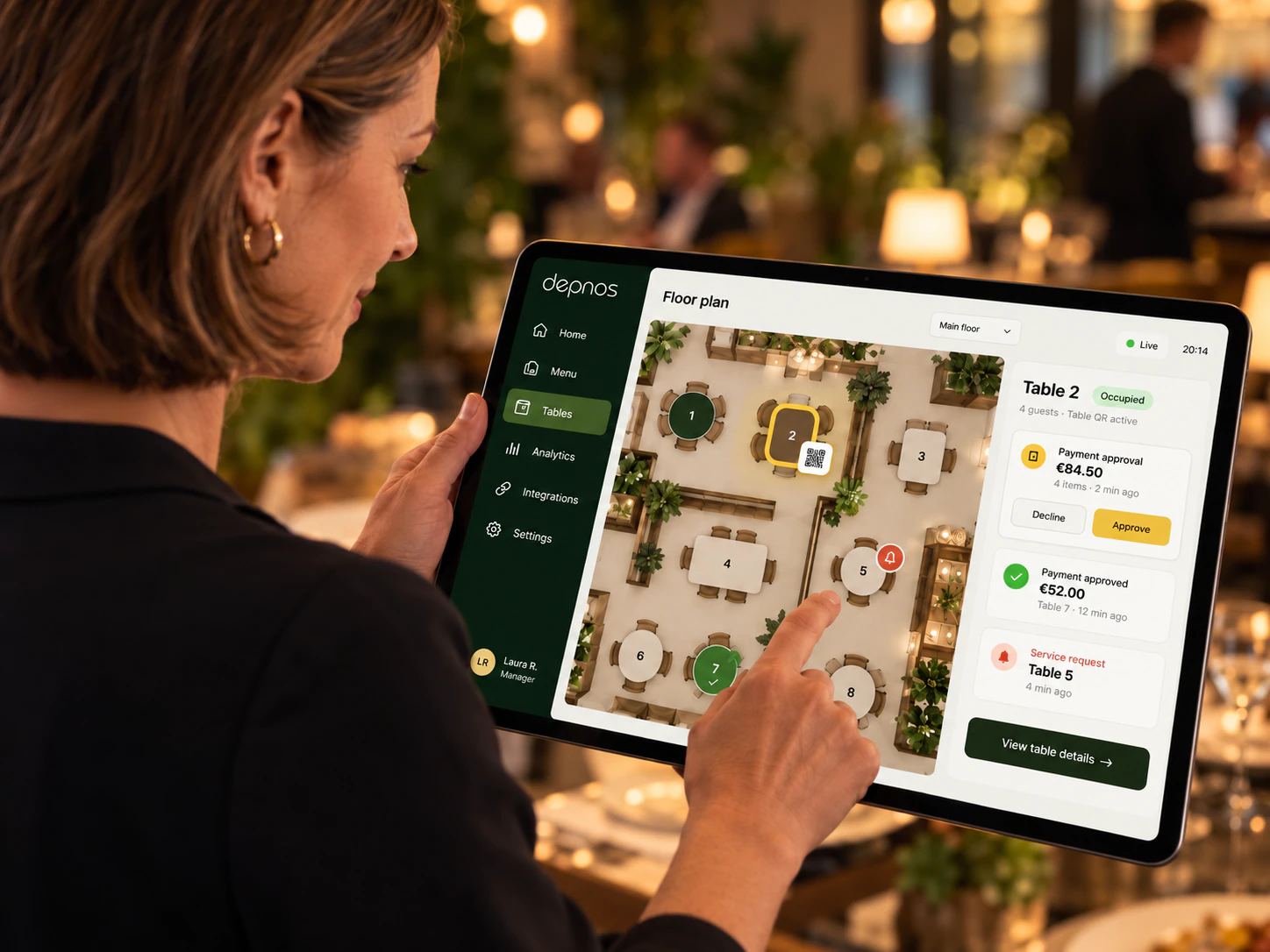 Depnos table management view with floor plan, table QR codes, payment approvals and service requests