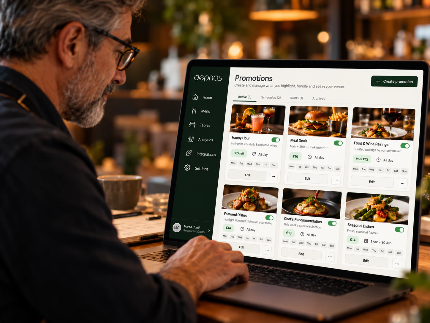 Depnos dashboard for managing promotions, happy hours, meal deals, pairings and featured dishes