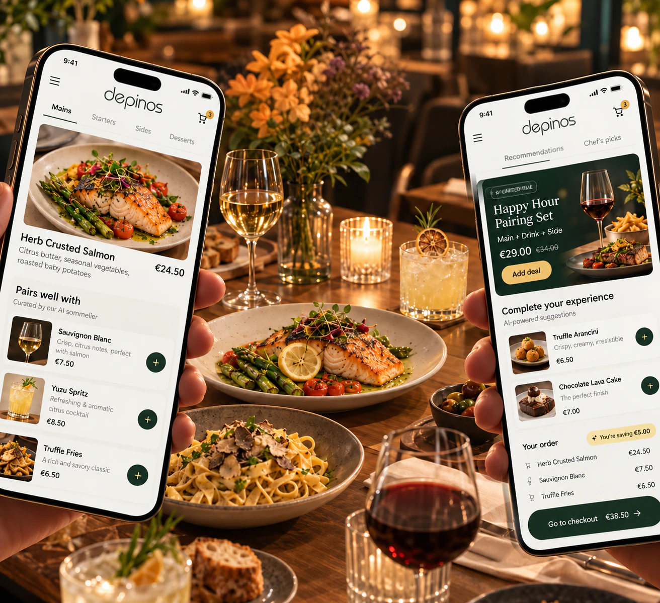 Two phones showing Depnos pairings and a Happy Hour promotion over a restaurant table