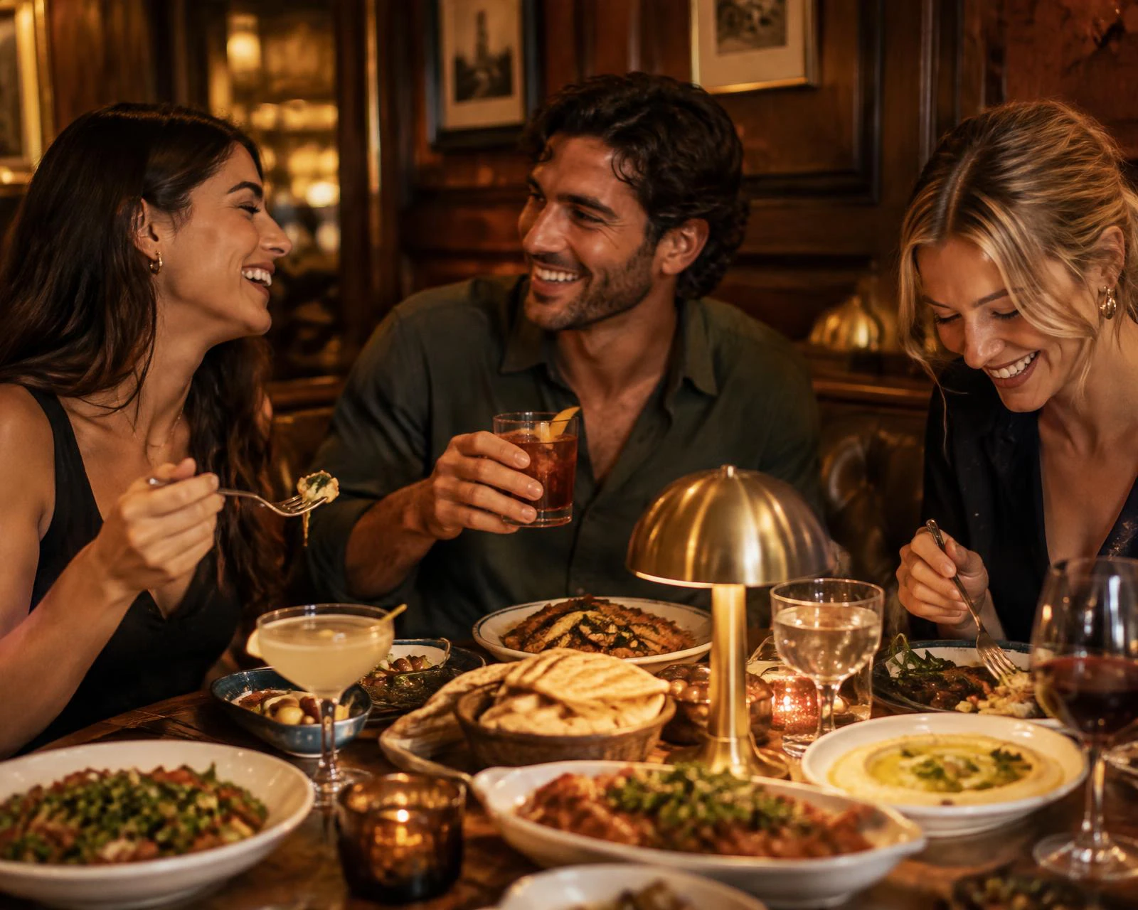 Friends laughing over a shared dinner in a warm, wood-panelled restaurant