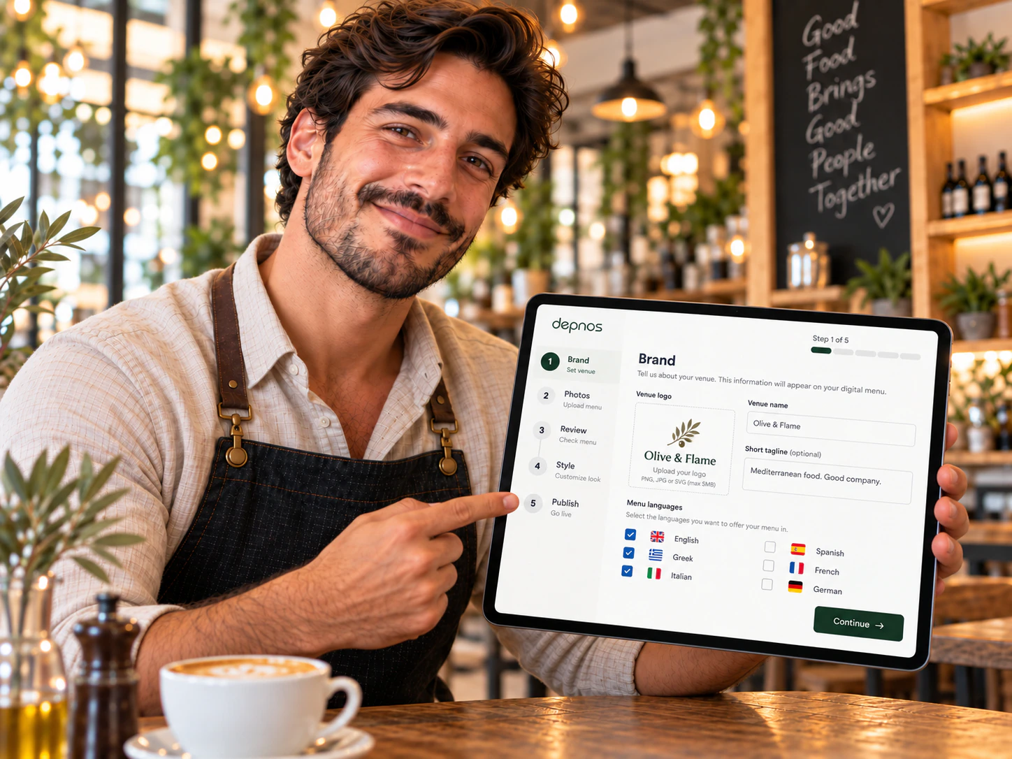 Venue owner showing the Depnos brand setup screen on a tablet