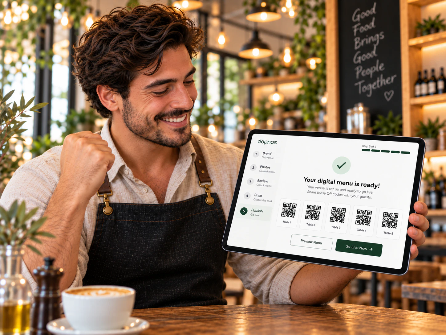 Owner with the published menu and table QR codes on a tablet