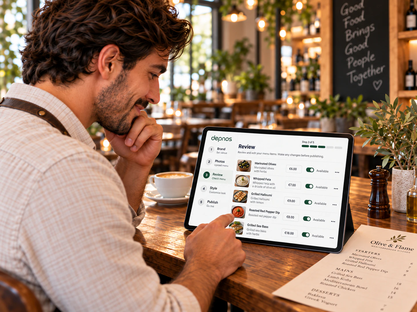 Owner reviewing generated menu items on a tablet