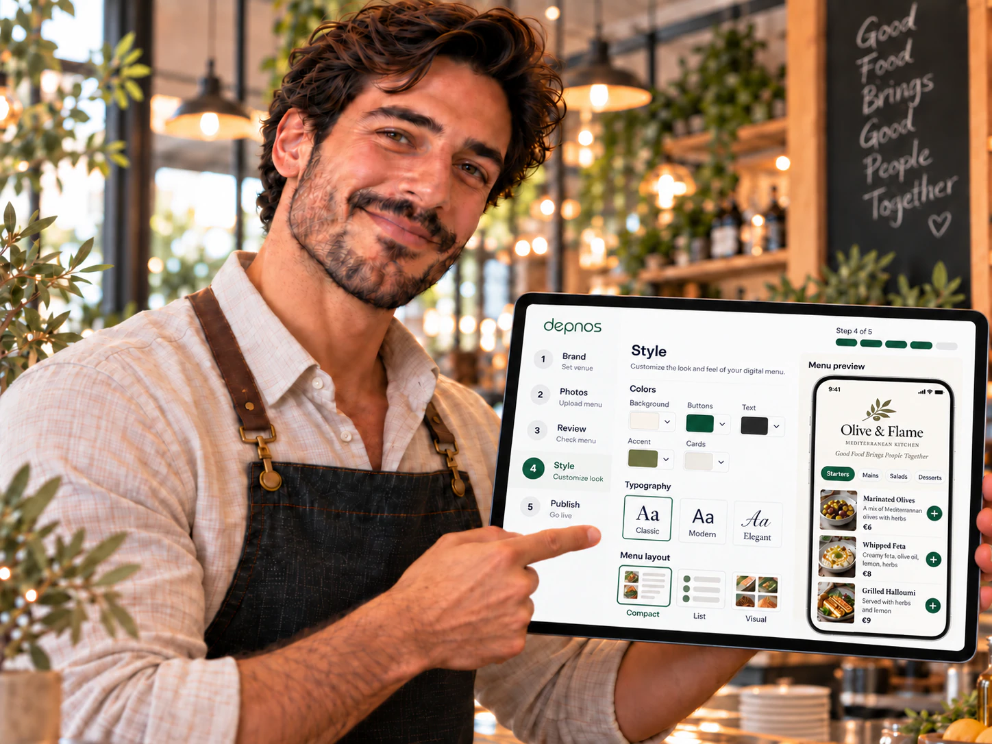 Owner showing the Depnos style settings with a live menu preview